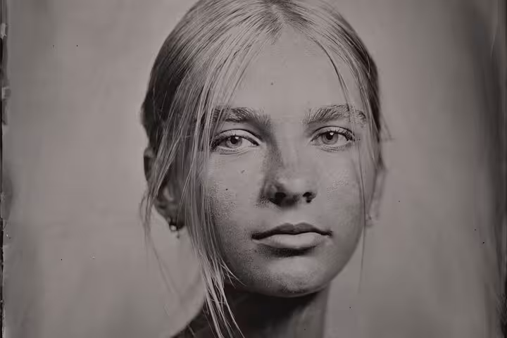 Close-up 19th-century metal portrait in Porto, Portugal, with authentic wet plate collodion vintage look