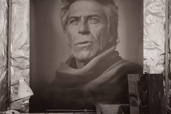Close-up 19th-century metal plate portrait in Porto, Portugal, vintage black-and-white tintype style headshot