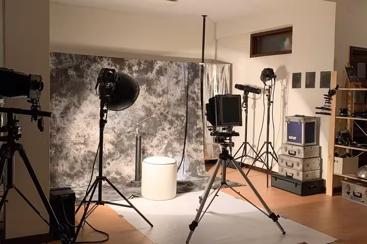 Porto studio set for 19th-century metal portrait tour, with vintage camera, lights, backdrop and stool