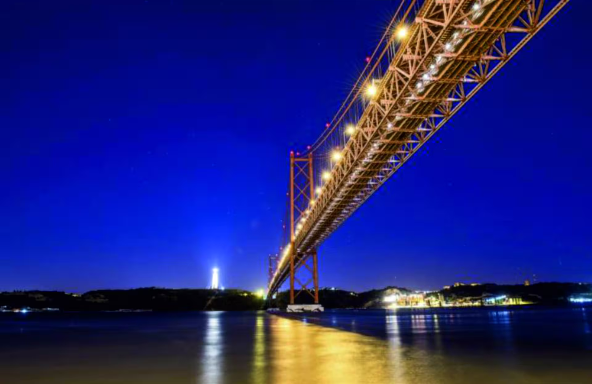 25 de Abril Bridge lit up over the Tagus on a Lisbon night river cruise, with city lights reflecting on water