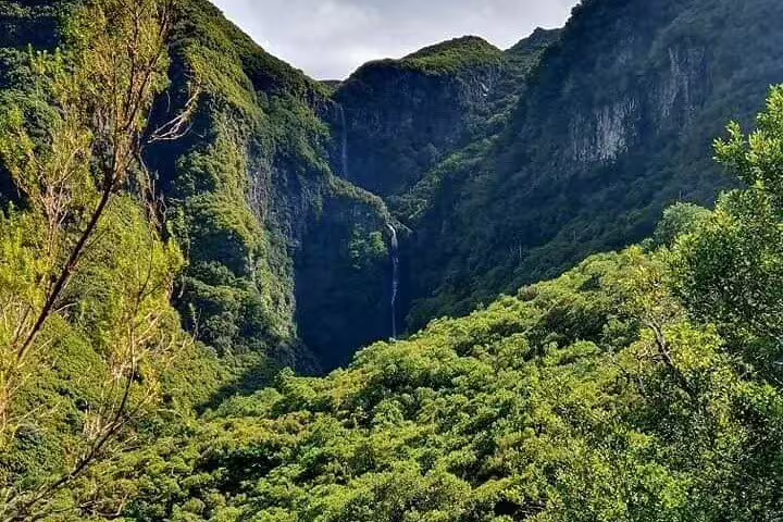 Scenic view of towering cliffs and verdant valley on the 25 Fontes & Risco Levada hike in Madeira.