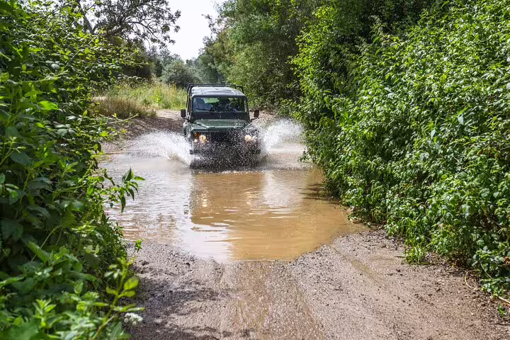 Off-road 4x4 crossing a muddy water path surrounded by lush greenery in the West Coast Natural Park tour.