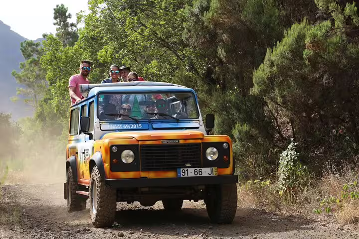Adventurers enjoy a thrilling 4x4 tour through the scenic trails of southwest Madeira, surrounded by lush greenery and rugged terrain.