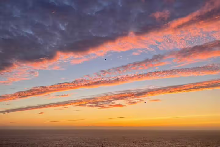 Stunning sunset over the ocean with vibrant pink and orange clouds, ideal for a 4x4 West Coast Natural Park tour.