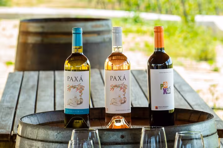 Three Paxá wine bottles displayed on a rustic barrel at a boutique winery tasting tour near historic Silves Algarve