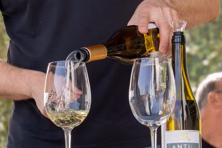 Expert pouring crisp white wine into glasses during scenic boutique winery tasting tour near historic Silves
