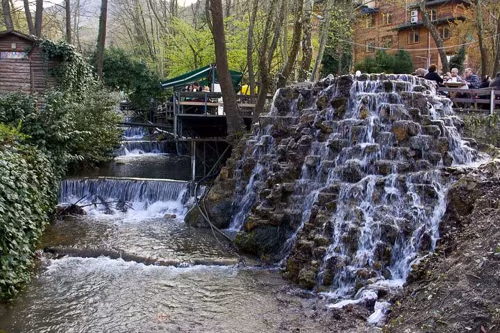 Tiered Abant waterfall beside woodland tea garden, scenic stop on private 2 day 1 night Sapanca tour