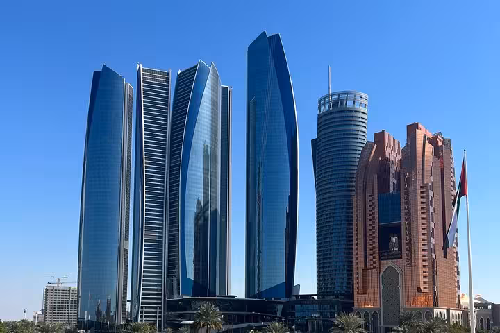 Etihad Towers skyline view in Abu Dhabi on city tour from Ras Al Khaimah, UAE landmarks stop