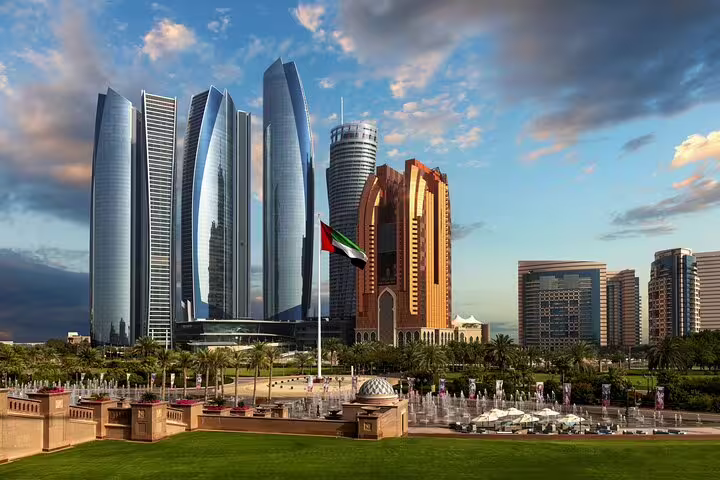 Abu Dhabi skyline with Etihad Towers viewed on a private day tour from Dubai to mosque and palace