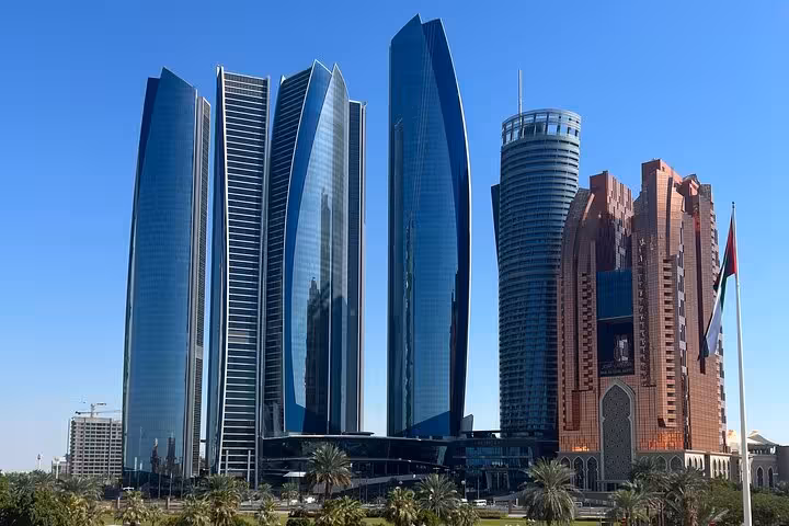 Etihad Towers skyline view on a private Abu Dhabi city tour with multilingual guide and hotel pickup