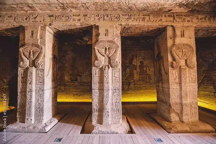 Carved pillars and hieroglyphs in Abu Simbel inner hall, highlight of Abu Simbel day tour from Aswan