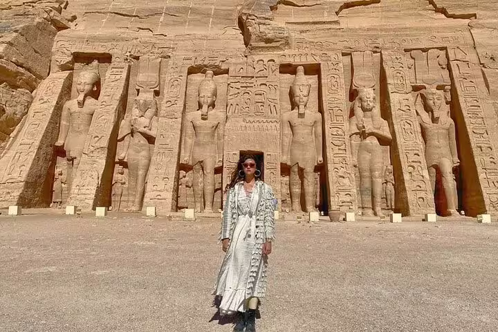 Traveler at Abu Simbel Great Temple on a private day trip from Aswan with guide and transfers included