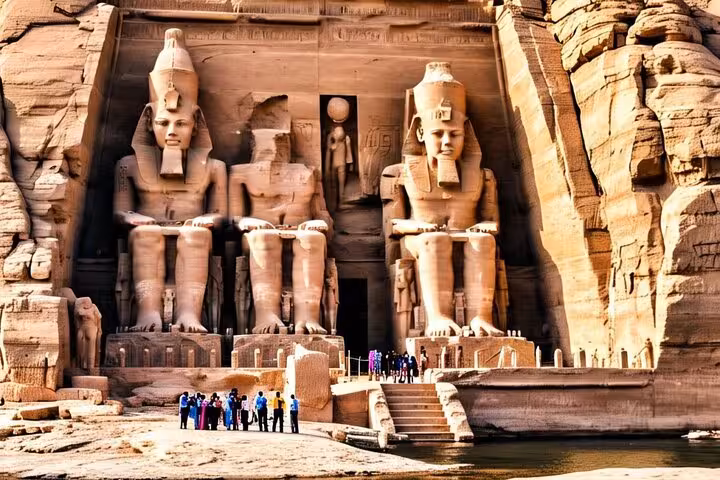 Close view of Abu Simbel Great Temple statues and entrance, highlights of a private full-day Abu Simbel tour from Aswan
