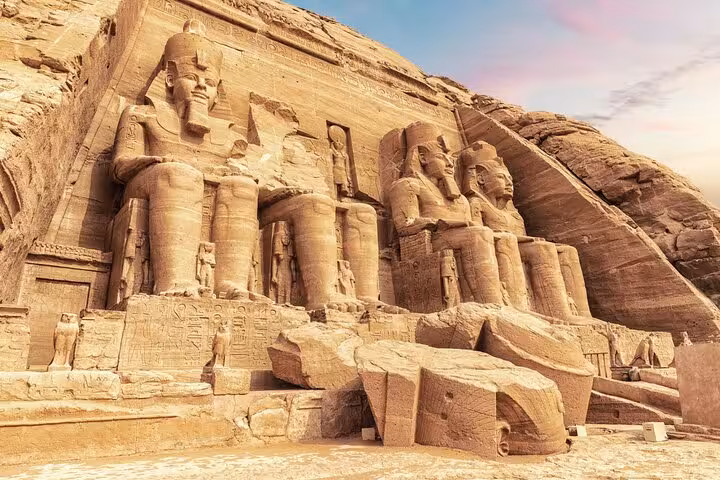 Abu Simbel Great Temple of Ramses II at sunrise, highlight of Luxor and Abu Simbel 2-day tour from Hurghada