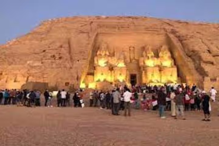 Abu Simbel sound and light show crowd at the Great Temple, evening stop on Luxor to Aswan tour