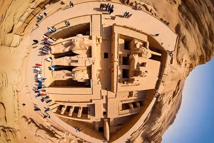 Aerial view of Abu Simbel Temple facade near Aswan on a private full-day tour with guided sightseeing