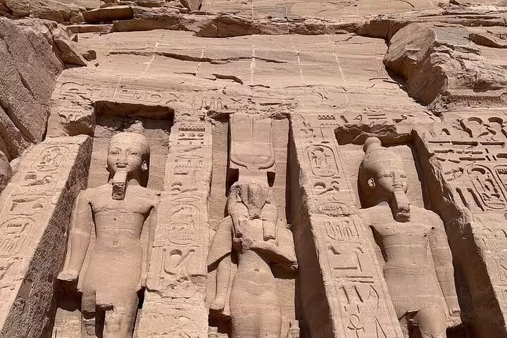 Rock-cut Abu Simbel temple carvings in Aswan, iconic stop on 12-day Egypt Cairo pyramids Nile cruise Hurghada