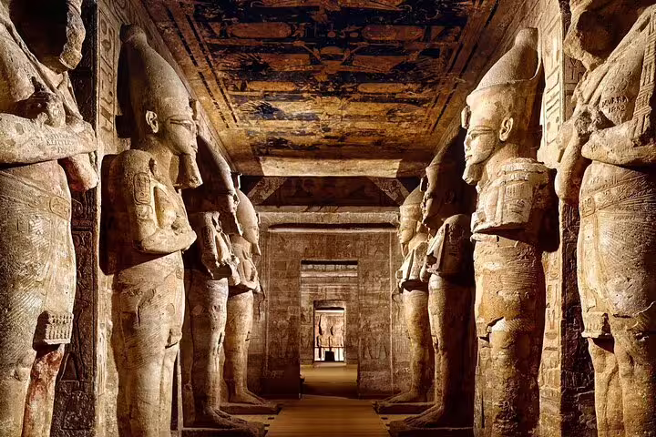 Abu Simbel Temple hypostyle hall lined with colossal statues, a highlight of the Abu Simbel day trip from Aswan