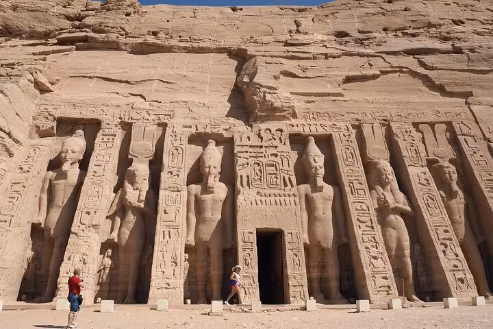 Facade of Abu Simbel Great Temple of Ramses II on private Aswan day trip with hotel pickup and guide