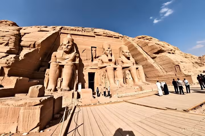 Great Temple of Abu Simbel facade with colossal Ramses II statues, seen on private full-day tour from Aswan