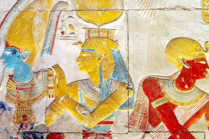 Colorful ancient Egyptian wall relief at Abydos Temple, seen on Dendera and Abydos private tour from Hurghada
