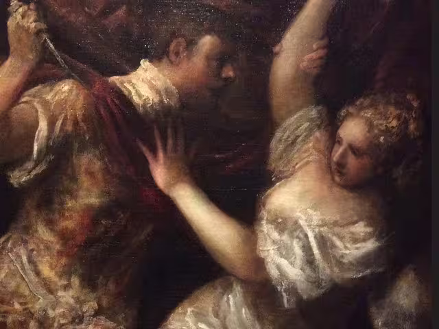 Dramatic painting of a man and woman in dynamic poses, featured in a private tour of the Gallery of the Academy of Fine Arts.