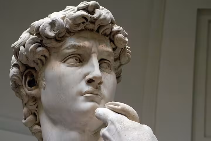 Close-up of a statue's contemplative expression, highlighting artistic details at Accademia Gallery, Florence.
