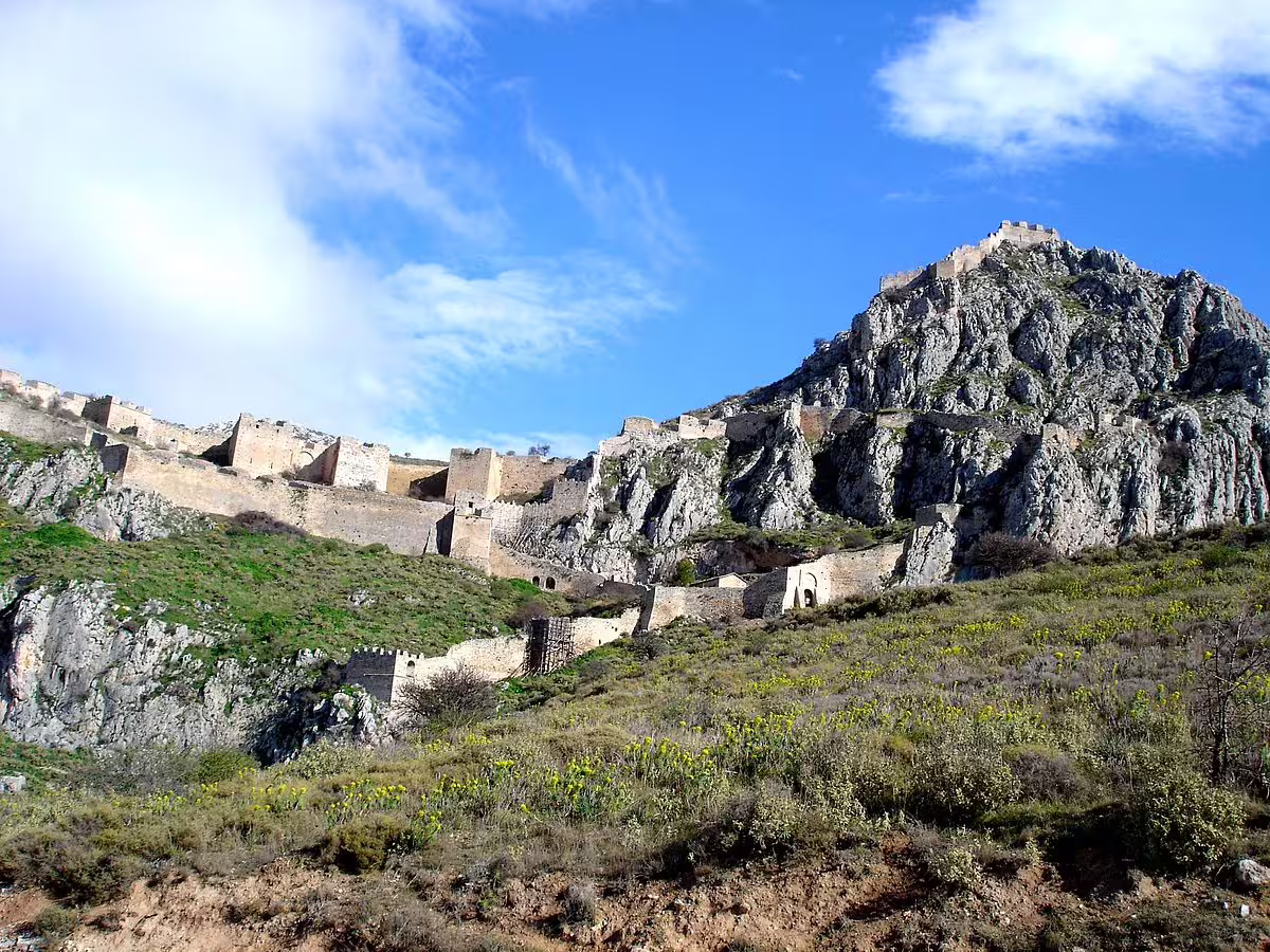 Acrocorinth fortress above Ancient Corinth on private tour from Athens, scenic Peloponnese castle ruins
