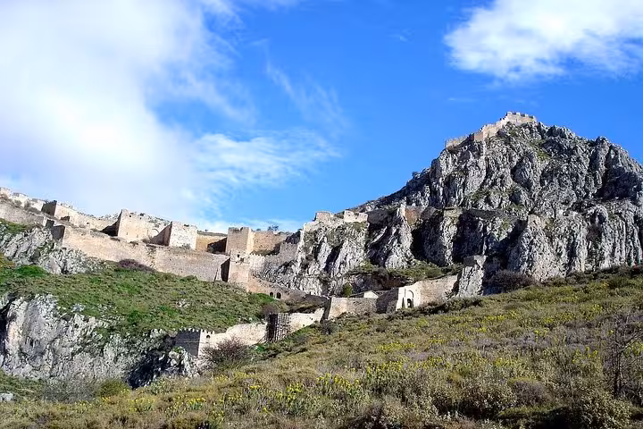 Ancient Acrocorinth fortress on rocky hill near Corinth Canal, scenic day trip from Athens with tasting
