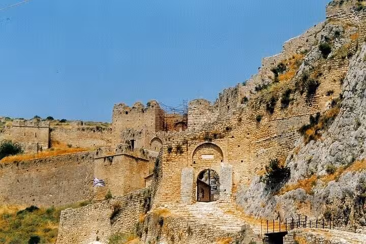 Acrocorinth fortress gate above Corinth, Greece, featured on Biblical Corinth faith and history tour with tasting