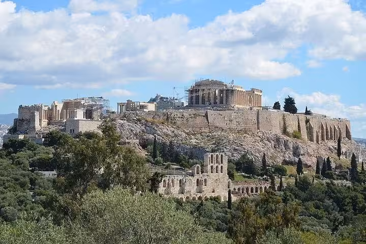 Panoramic view of the Acropolis of Athens and Parthenon from below, ideal for skip-the-line ticket entry