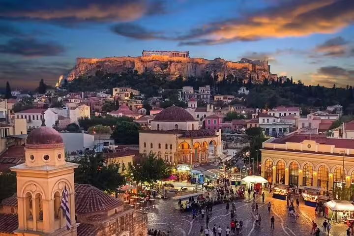 Evening view of Acropolis over Monastiraki Square on an Athens half-day private car tour with local guide