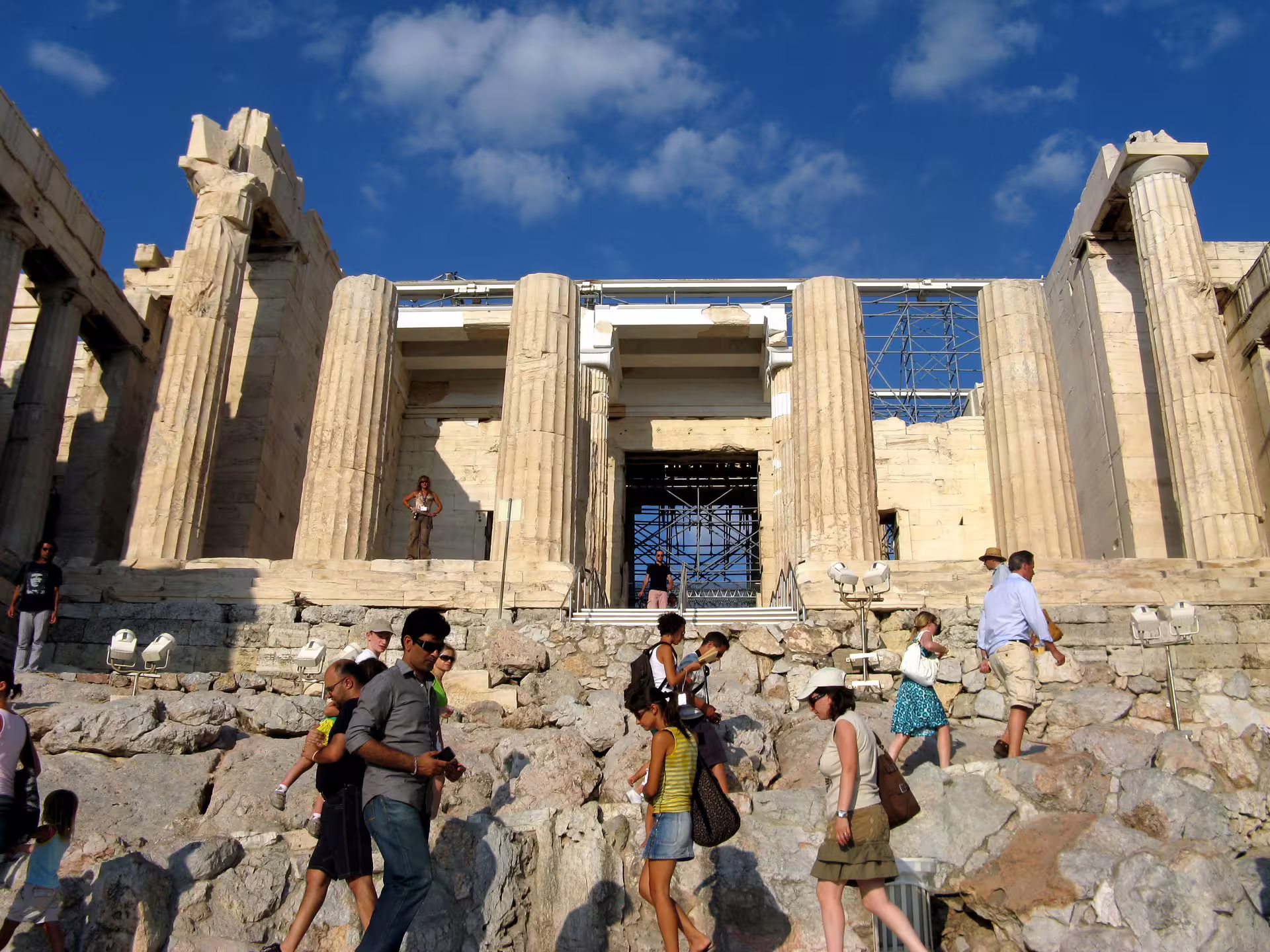 Visitors at the Acropolis Propylaea entrance in Athens on a guided Acropolis and Acropolis Museum tour