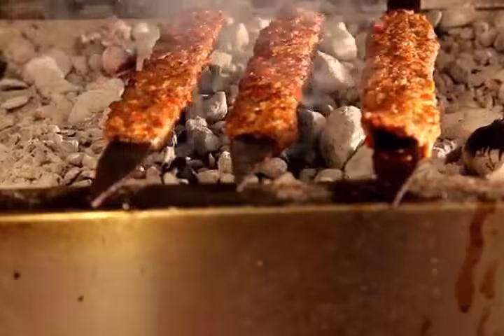 Adana-style kebab skewers grilling over hot coals, a must-try on a Turkish cuisine gastronomy tour