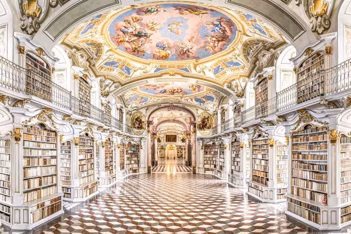 Admont Abbey Library interior on private day tour from Salzburg, baroque fresco ceiling and book galleries
