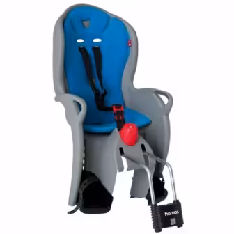 Rear-mounted child bike seat accessory for adult city bike rental, secure harness and footrests for family rides
