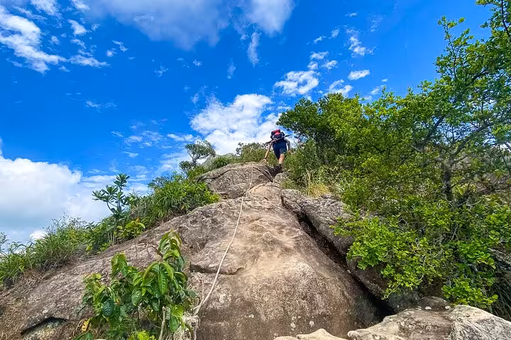 Adventurer climbs rocky terrain with rope on Peak Sugar Bread, surrounded by vibrant greenery and clear blue skies.