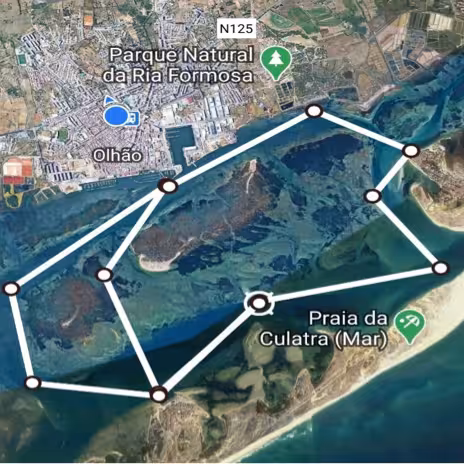 Aerial map view highlighting the tour path from Olhão to Culatra Island, showcasing the scenic Ria Formosa area.