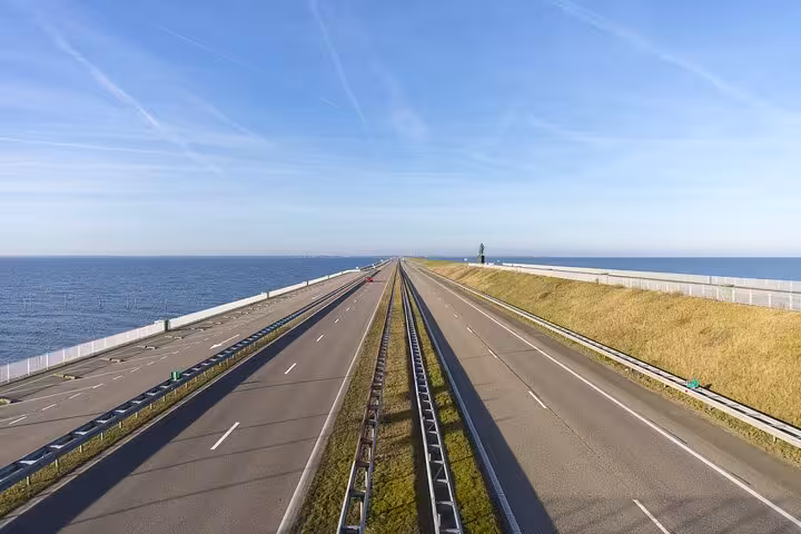 Afsluitdijk causeway road between IJsselmeer and Wadden Sea, scenic stop on private tour from Amsterdam