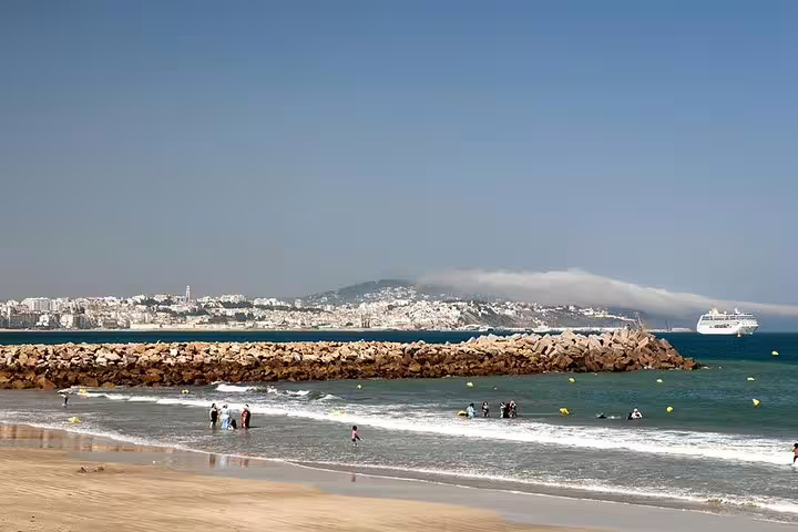 Agadir beach and harbor view, Atlantic waves and city skyline, start of Morocco 12-day desert tour