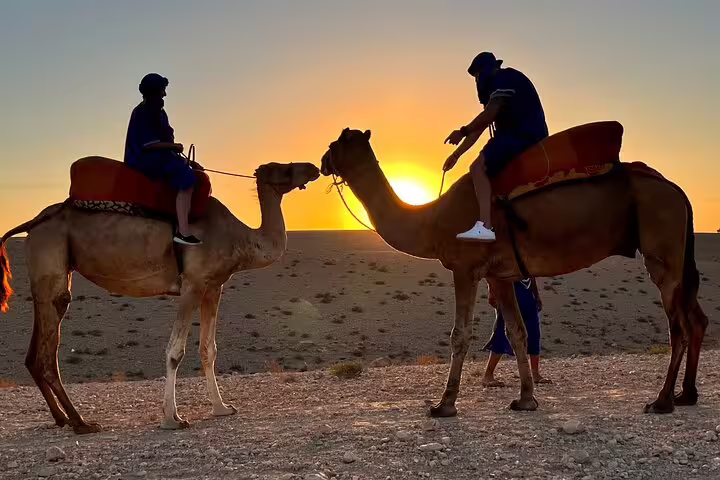 Travelers ride camels at sunset in Agafay Desert on Marrakech tour, golden sky and desert landscape