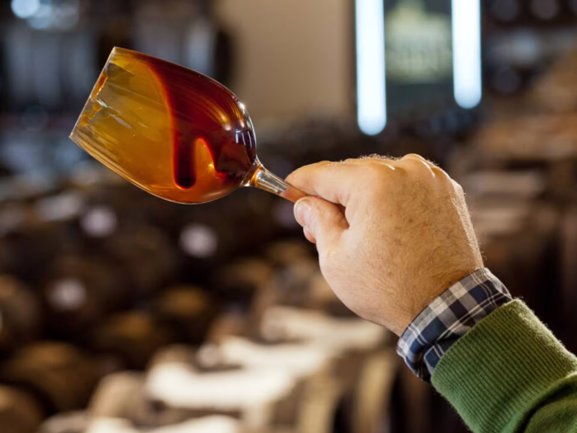 Hand holding glass with aged Aceto Balsamico Tradizionale in Modena, showcasing vinegar tasting on tour
