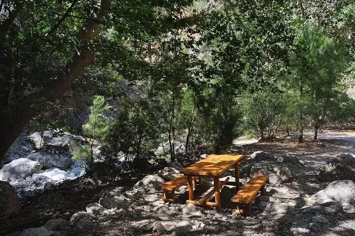 Serene picnic spot along Agia Irini Gorge, surrounded by trees and natural beauty for a relaxing break.