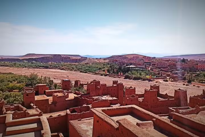 Panoramic view of Ait Benhaddou kasbah near Ouarzazate on 3 days desert tour from Fes to Marrakech