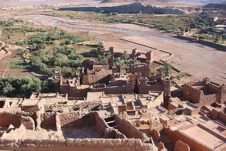 Aerial view of Ait Benhaddou kasbah near Ouarzazate, iconic stop on 8 day desert tour from Marrakech