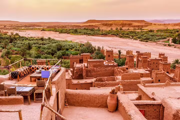 Ait Benhaddou kasbah rooftops and Ounila Valley panorama, highlight of 15-day Big Morocco Tour from Casablanca