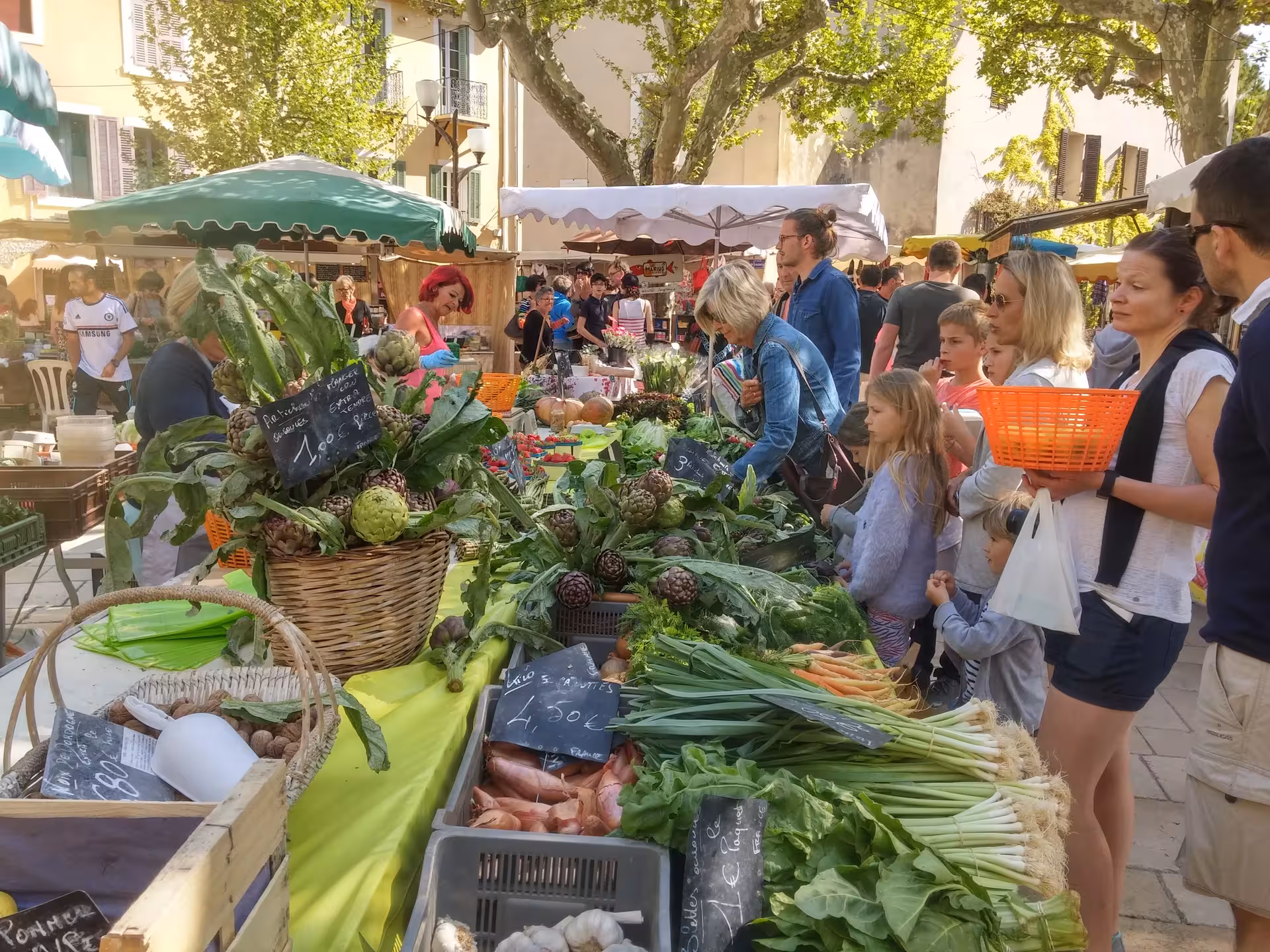 Bustling Aix-en-Provence farmers market with local artichokes, spring onions and fresh produce stalls