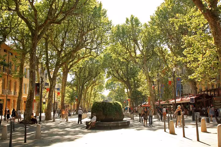 Charming Aix En Provence street lined with lush trees and bustling cafes, perfect for a leisurely day tour.