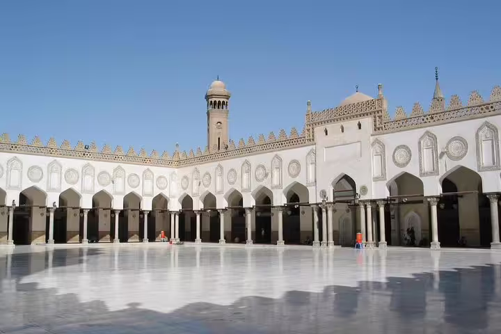 Al-Azhar Mosque courtyard and minaret on Islamic and Coptic Cairo private tour with lunch in Cairo