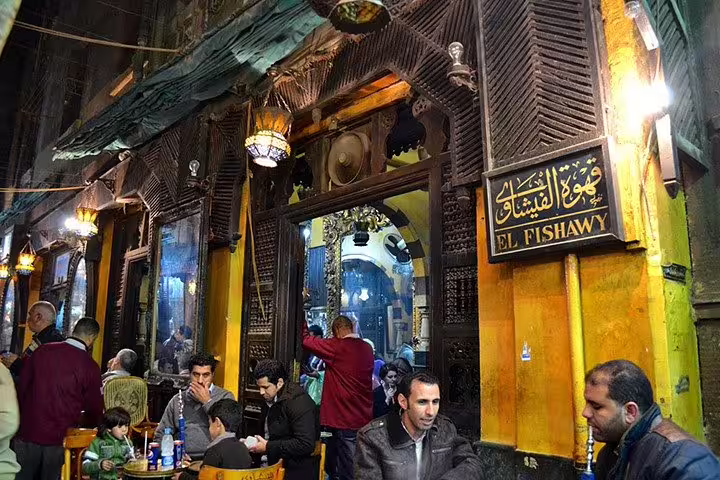 Al Fishawi Cafe in Khan El Khalili at night, Cairo by Night tour stop with traditional lantern-lit seating